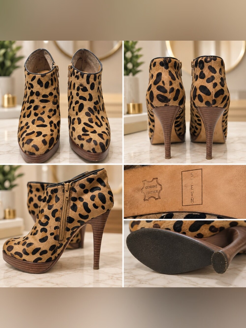 Steven by Steve Madden Leopard Print Genuine Leather Ankle Booties Size 7.5